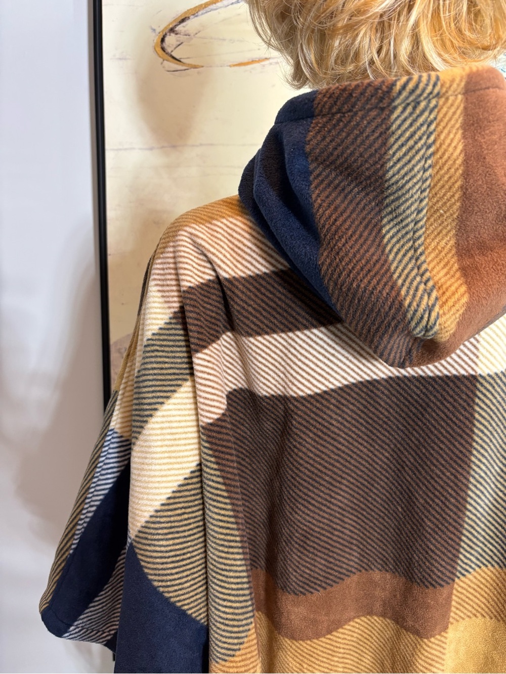 RACHEL Rachel Roy Hooded Plaid Poncho Sweater in Brown, Navy & Cream - Picture 11 of 15